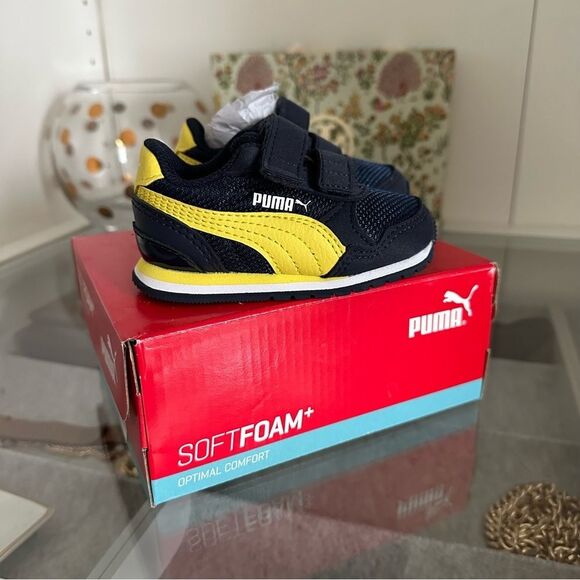 Puma Baby Street Runner V2 Mesh Hook and Loop Navy and Yellow Stripe Sneakers 4 - Picture 6 of 11